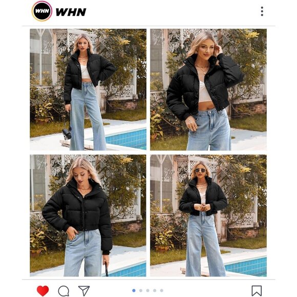 Women’s Cropped Jacket Puffer Jackets Long Sleeve Stand Collar Zipper Coat Black - Picture 4 of 5